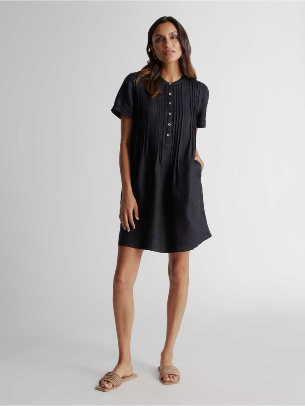 Quince 100% European Linen Short Sleeve Swing Dress In Black Size Small